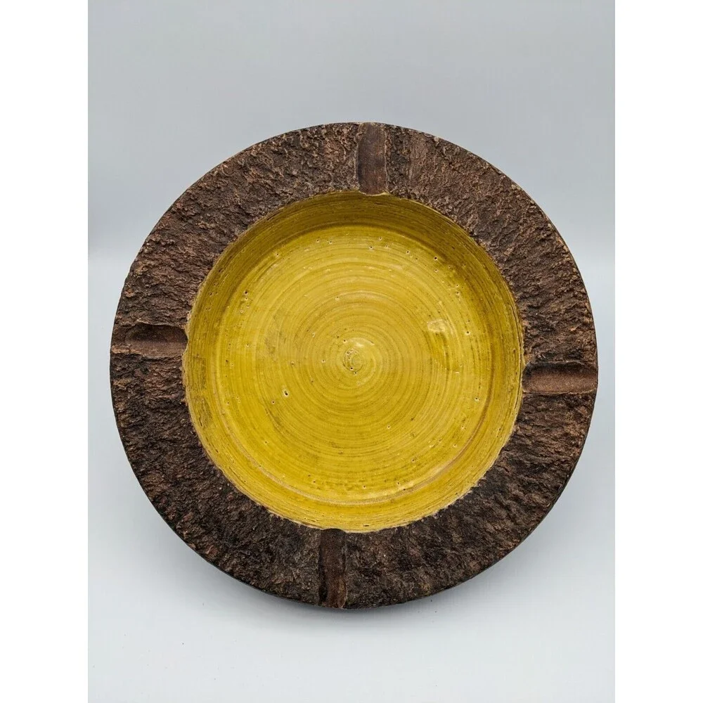 Vintage Bitossi Ashtray Round Bowl‎ Brown Yellow 1960s Italy Brutalist 10.5